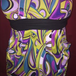 Black, pink, purple, and yellow floral print dress